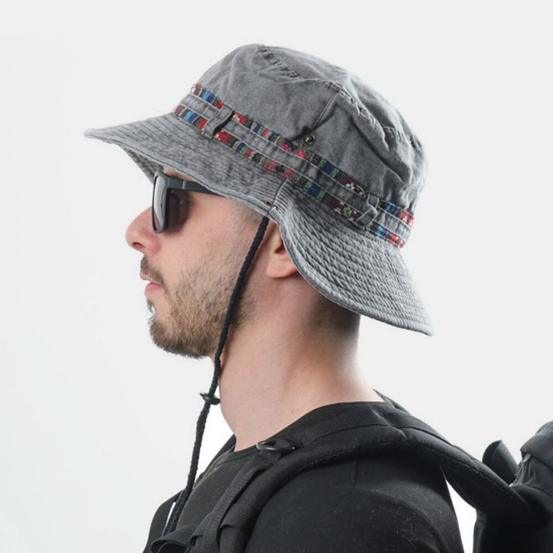 Herr Bomullsfärgad Blomrandig Solskyddshatt Vindtät Rep Utomhus Casual Climbing Bucket Hat