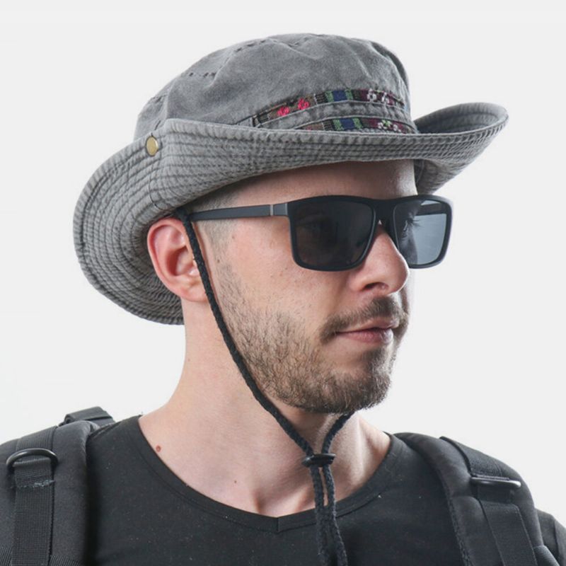 Herr Bomullsfärgad Blomrandig Solskyddshatt Vindtät Rep Utomhus Casual Climbing Bucket Hat