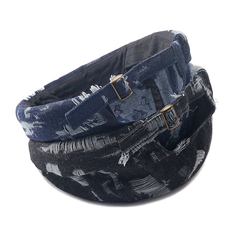 Herr Denim Distressed Ripped Trendig All-match Justerbar Brättelös Mössa Hyresvärdsmössor Skull Caps