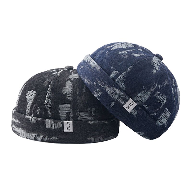 Herr Denim Distressed Ripped Trendig All-match Justerbar Brättelös Mössa Hyresvärdsmössor Skull Caps