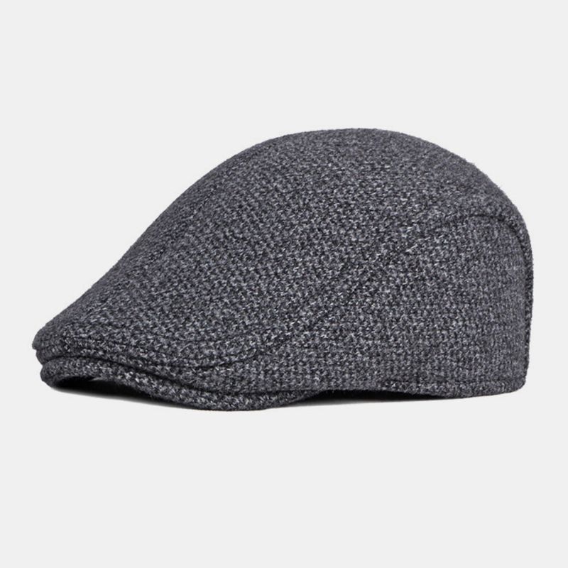 Herr Woolen Plus Velvet Varm Basker Keps Vinter Öronskydd Tjocka Brätte Brittisk Forward Hat Newsboy Hat