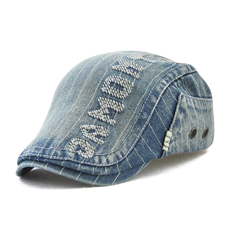 Herrgjorda Gammal Denim Letter Patchwork Solskydd Framåt Hatt Basker Hatt Flat Hat