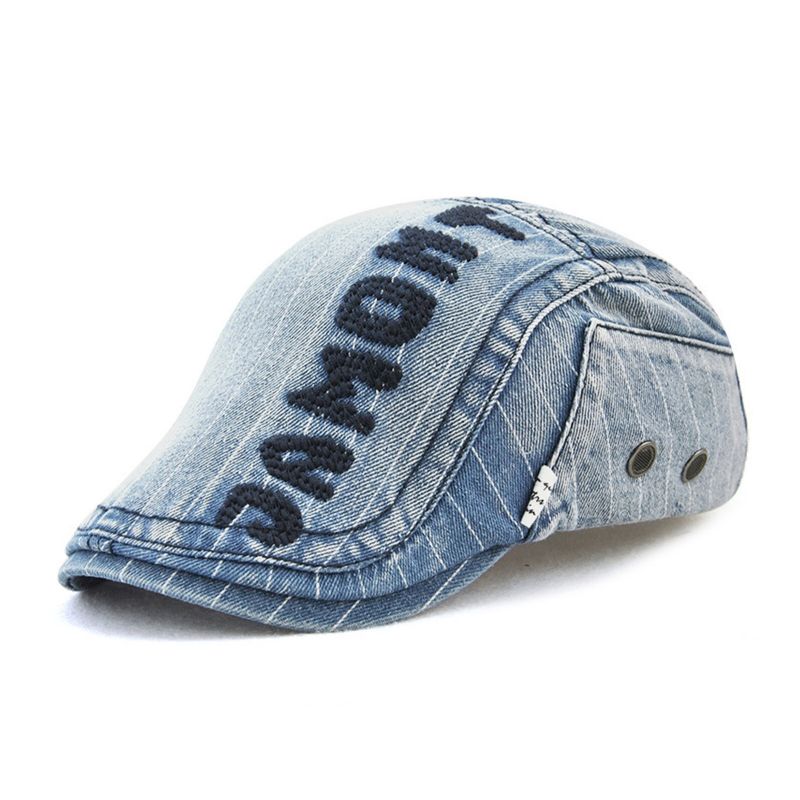 Herrgjorda Gammal Denim Letter Patchwork Solskydd Framåt Hatt Basker Hatt Flat Hat