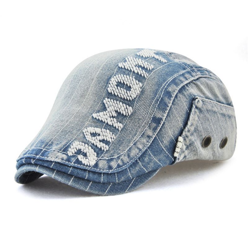 Herrgjorda Gammal Denim Letter Patchwork Solskydd Framåt Hatt Basker Hatt Flat Hat