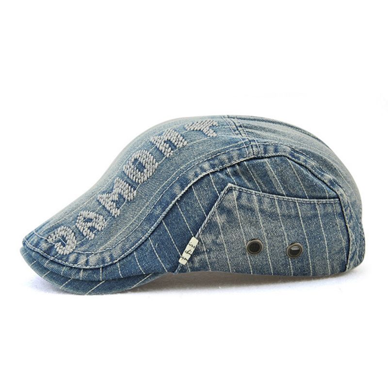 Herrgjorda Gammal Denim Letter Patchwork Solskydd Framåt Hatt Basker Hatt Flat Hat