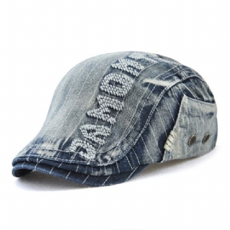 Herrgjorda Gammal Denim Letter Patchwork Solskydd Framåt Hatt Basker Hatt Flat Hat