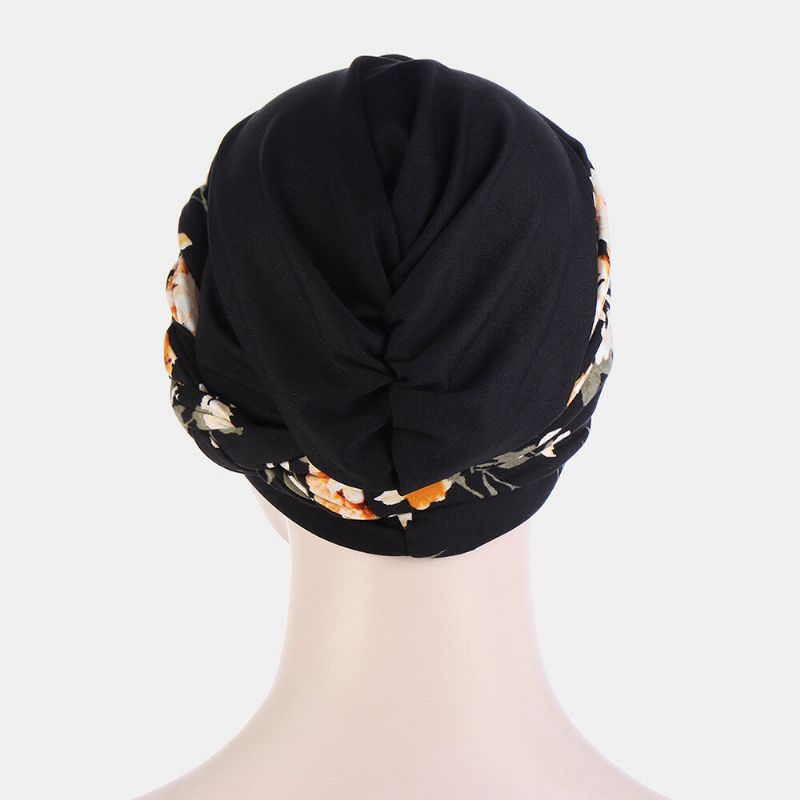 Knuten Flätad Mössmössa För Kvinnor Polyester Blommiga Blad Leopardmönstertryck Andningsbar Turbanhatt