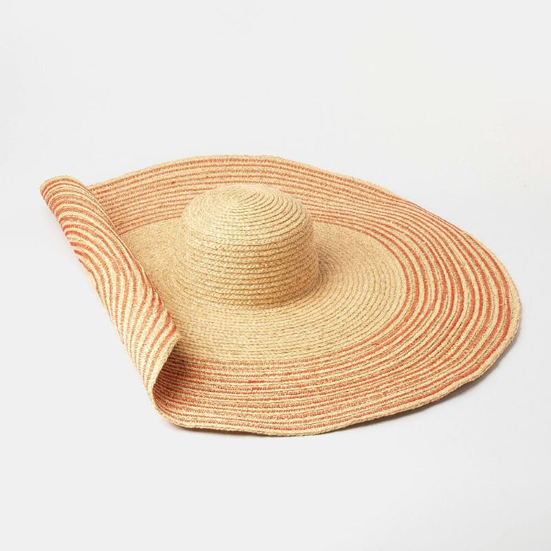 Kvinna Handgjord Vild Brätte Visir Färg Rand Semester Strand Solhatt Naturlig Raffia Upprullad Brätte Halmhatt