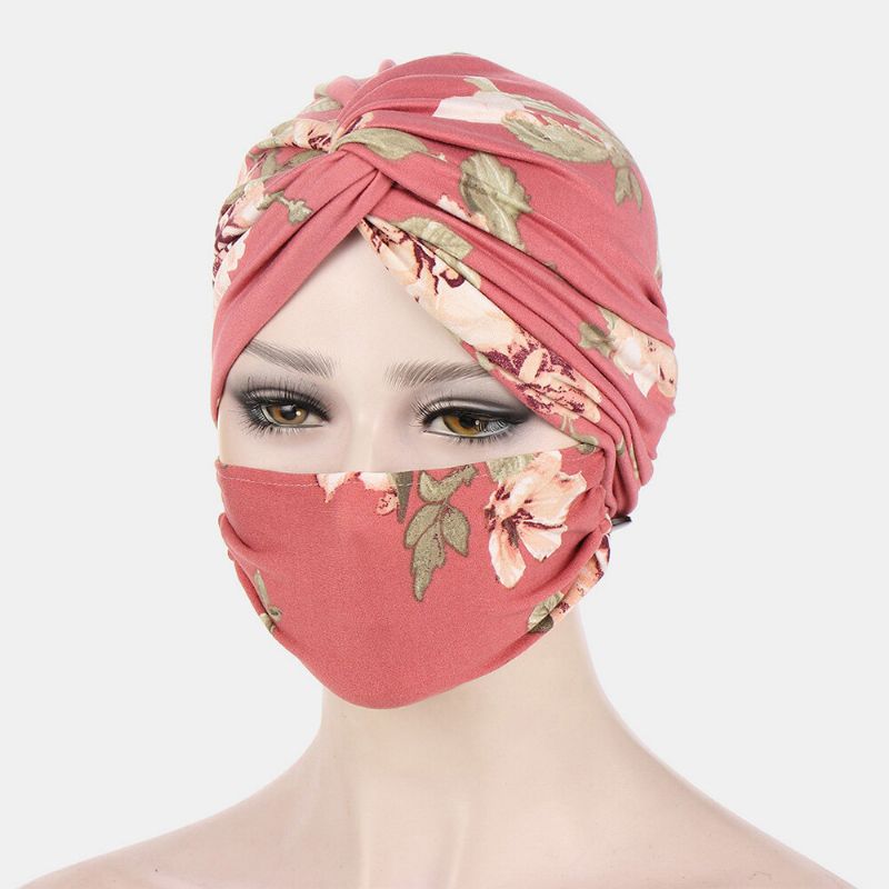 Kvinna Knuten Mössa Mask Set Polyester Blomblad Tie-dye Leopard Mönstertryck Anti-stryp Knapp Andas Turban Hatt