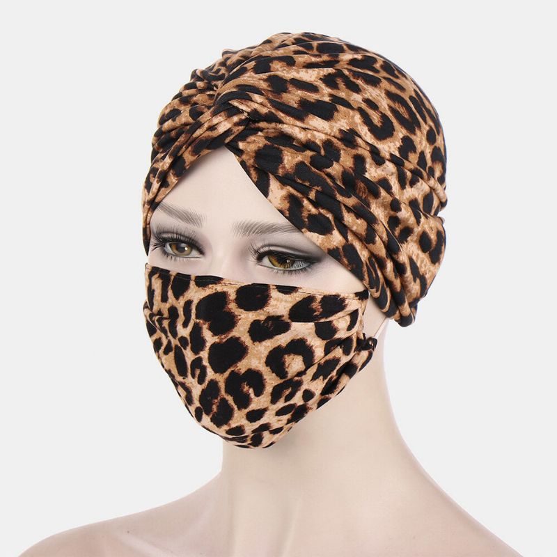 Kvinna Knuten Mössa Mask Set Polyester Blomblad Tie-dye Leopard Mönstertryck Anti-stryp Knapp Andas Turban Hatt