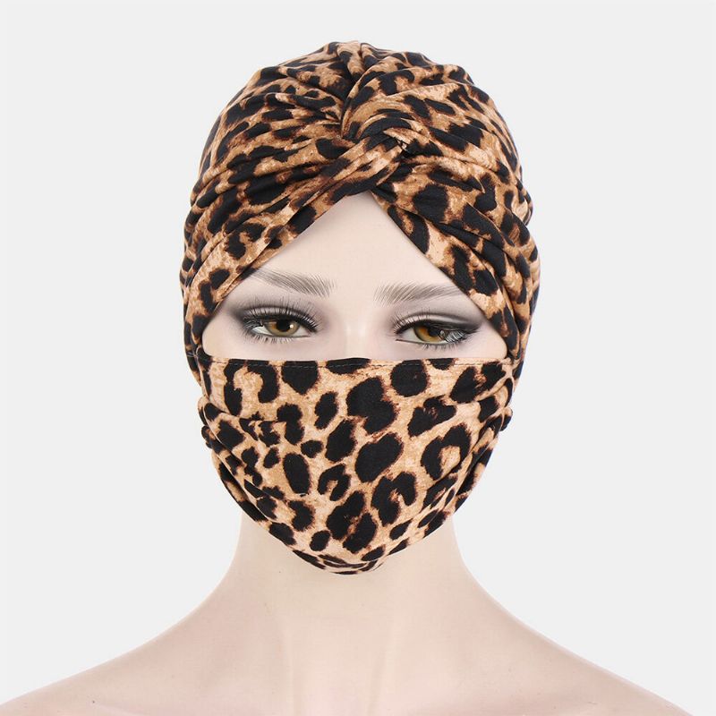 Kvinna Knuten Mössa Mask Set Polyester Blomblad Tie-dye Leopard Mönstertryck Anti-stryp Knapp Andas Turban Hatt