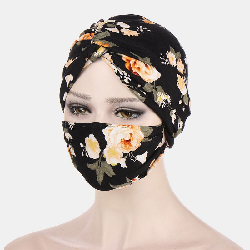 Kvinna Knuten Mössa Mask Set Polyester Blomblad Tie-dye Leopard Mönstertryck Anti-stryp Knapp Andas Turban Hatt