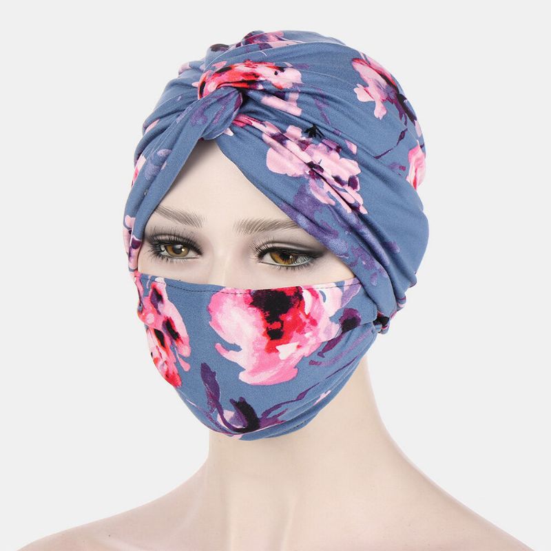 Kvinna Knuten Mössa Mask Set Polyester Blomblad Tie-dye Leopard Mönstertryck Anti-stryp Knapp Andas Turban Hatt