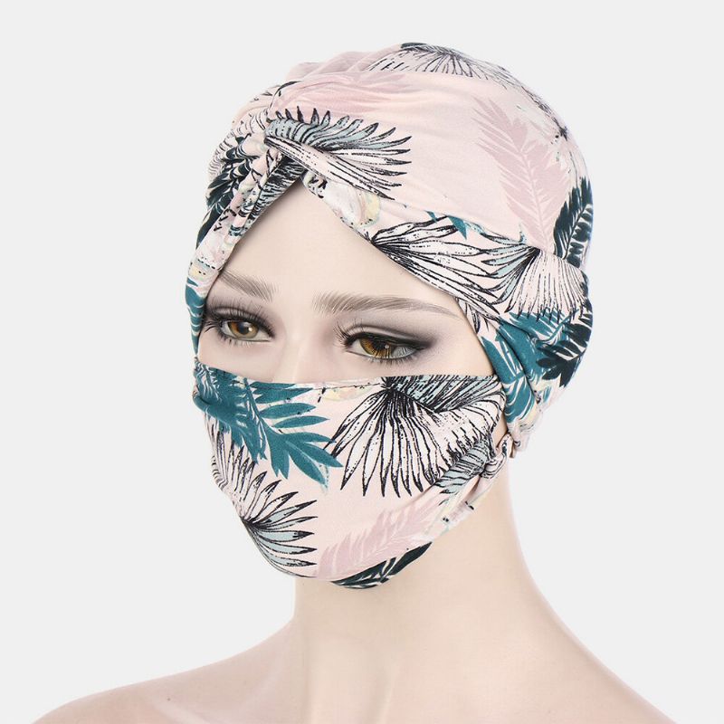 Kvinna Knuten Mössa Mask Set Polyester Blomblad Tie-dye Leopard Mönstertryck Anti-stryp Knapp Andas Turban Hatt