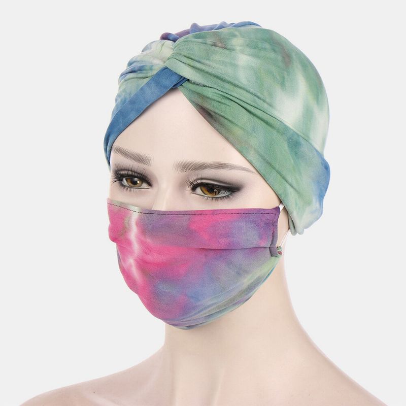 Kvinna Knuten Mössa Mask Set Polyester Blomblad Tie-dye Leopard Mönstertryck Anti-stryp Knapp Andas Turban Hatt