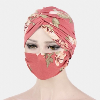 Kvinna Knuten Mössa Mask Set Polyester Blomblad Tie-dye Leopard Mönstertryck Anti-stryp Knapp Andas Turban Hatt