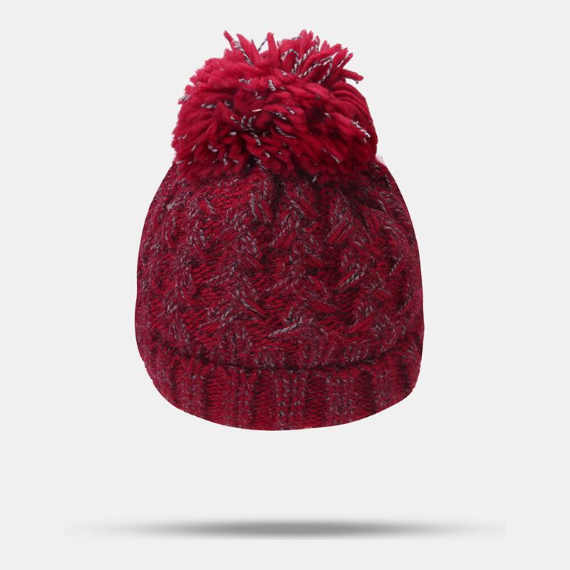 Kvinnor Blandad Färg Stickad Plus Velvet Thicken Fluffy Ball Värme Öronskydd Beanie Hatt