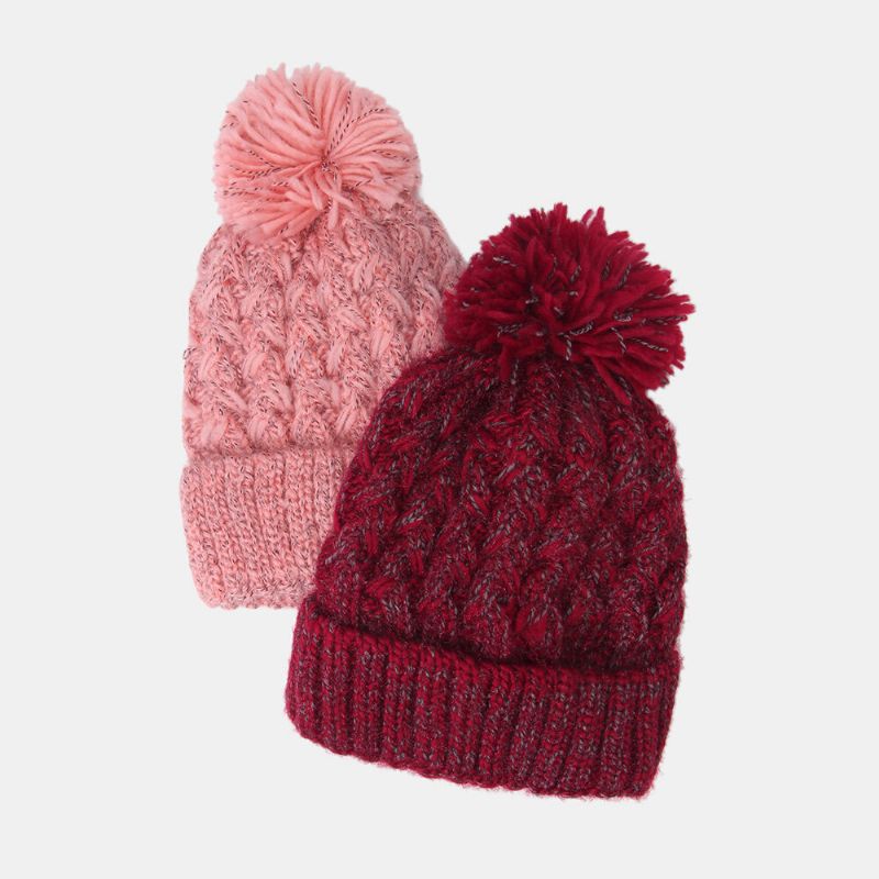 Kvinnor Blandad Färg Stickad Plus Velvet Thicken Fluffy Ball Värme Öronskydd Beanie Hatt