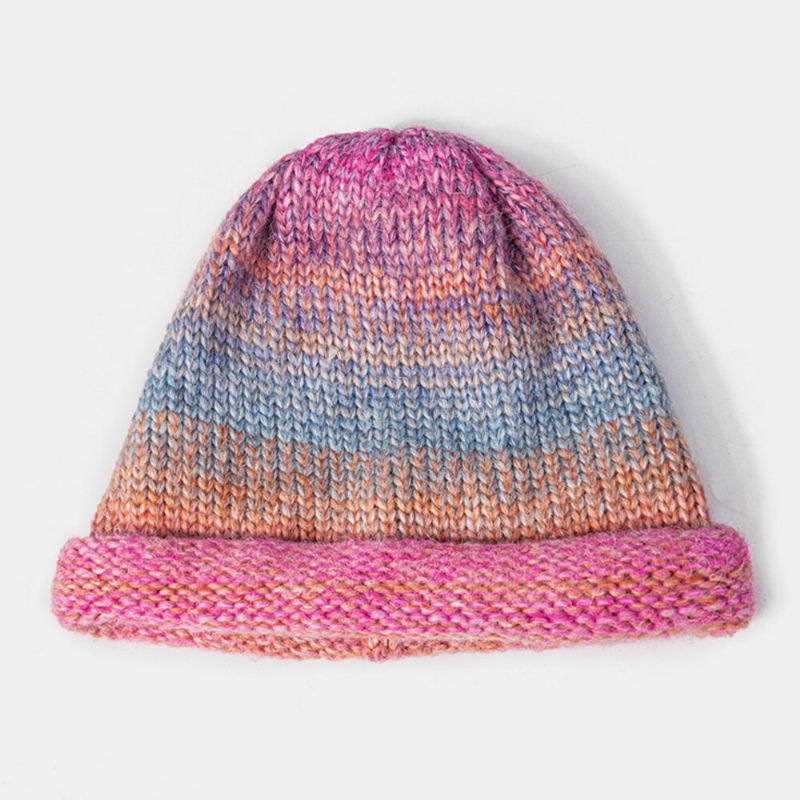 Kvinnor Blandad Färg Stickad Tie-dye Gradient Färg Vintage Mode Värme Brimless Beanie Hat