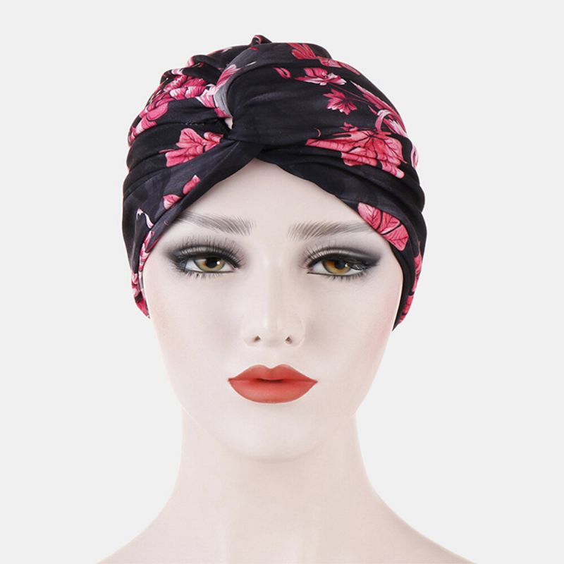 Kvinnor Blomma Tryck Turban Hatt Bomull Casual Andas Head Cap