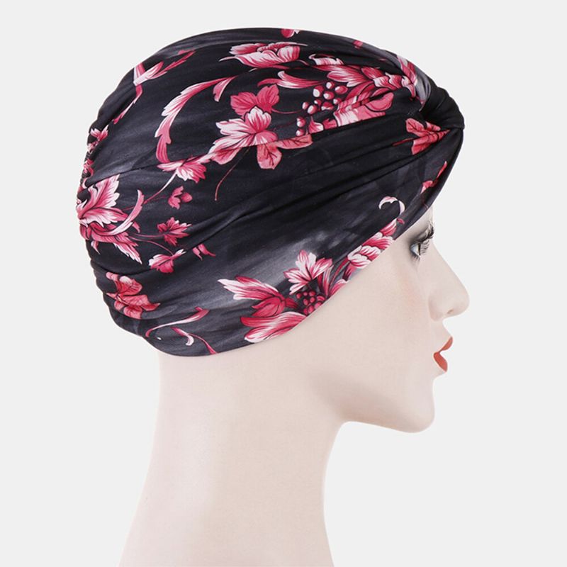 Kvinnor Blomma Tryck Turban Hatt Bomull Casual Andas Head Cap