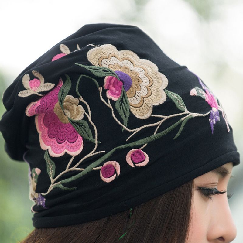 Kvinnor Bomull Broderi Blomma Utskrift Etnisk Stil Beanie Hat Andas Turban Keps