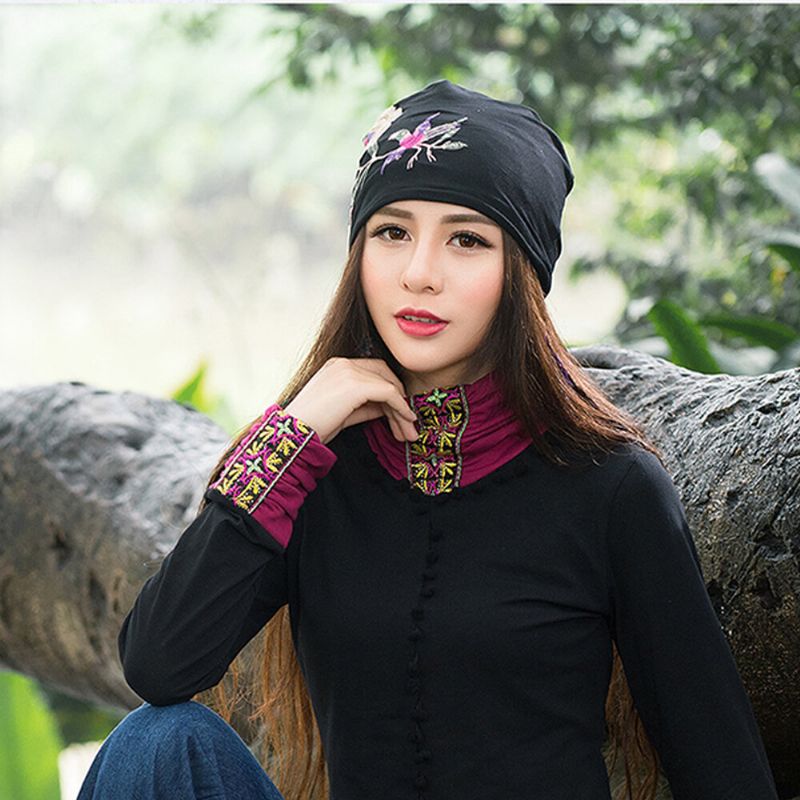 Kvinnor Bomull Broderi Blomma Utskrift Etnisk Stil Beanie Hat Andas Turban Keps