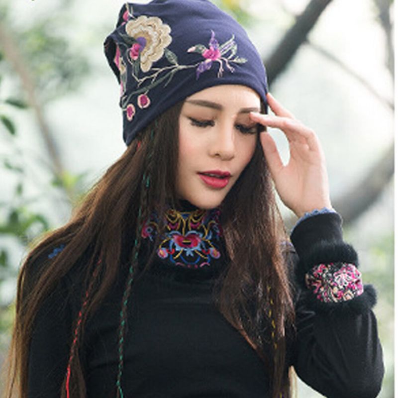 Kvinnor Bomull Broderi Blomma Utskrift Etnisk Stil Beanie Hat Andas Turban Keps