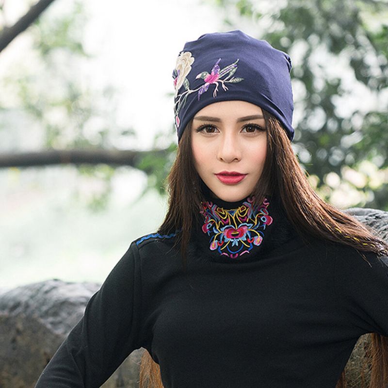 Kvinnor Bomull Broderi Blomma Utskrift Etnisk Stil Beanie Hat Andas Turban Keps