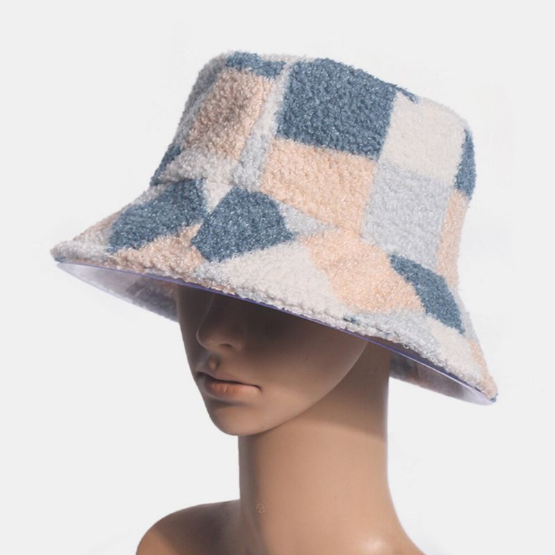 Kvinnor Bomull Lamm Hår Varmt Fritidsmode Matchande Gallermönster Bucket Hat