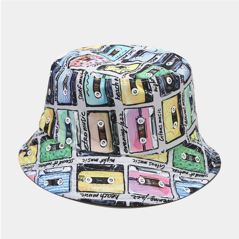 Kvinnor Bomull Tejp Tryckmönster Färgad Dubbelsidig Bär Trend Sunshade Bucket Hat