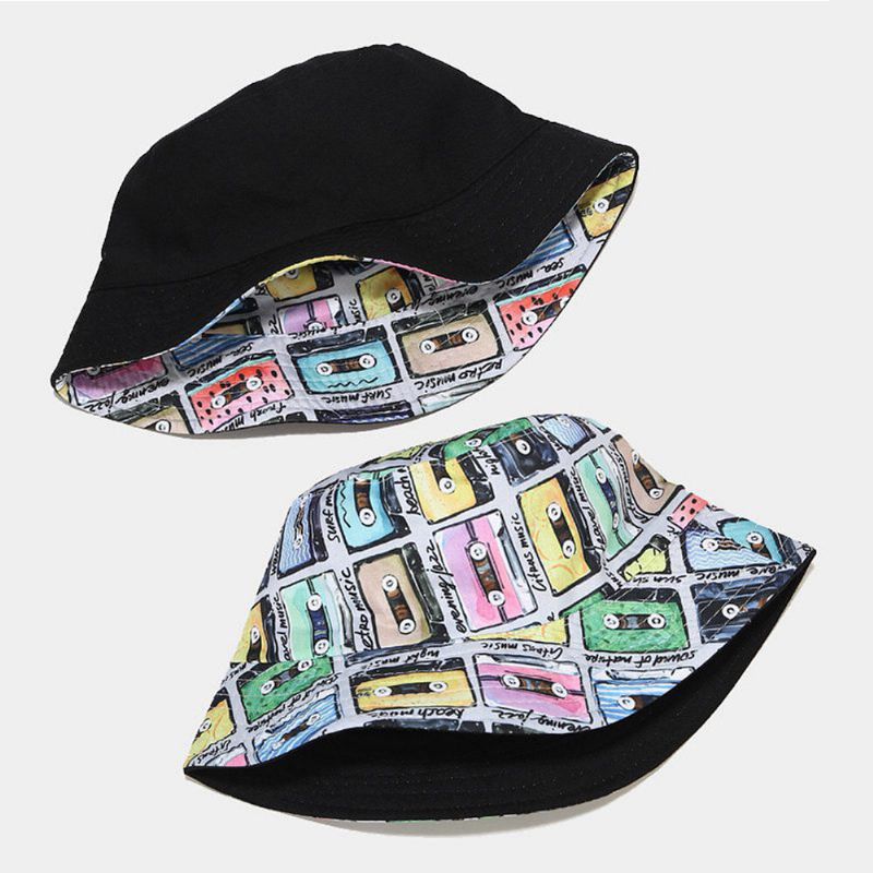 Kvinnor Bomull Tejp Tryckmönster Färgad Dubbelsidig Bär Trend Sunshade Bucket Hat