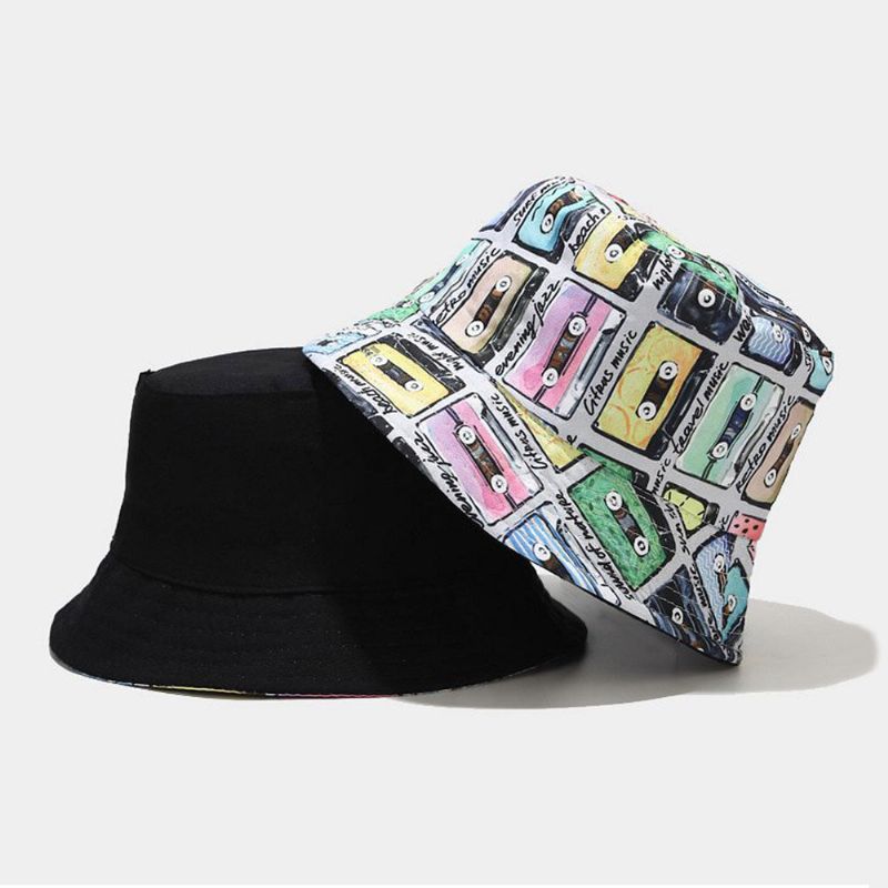 Kvinnor Bomull Tejp Tryckmönster Färgad Dubbelsidig Bär Trend Sunshade Bucket Hat