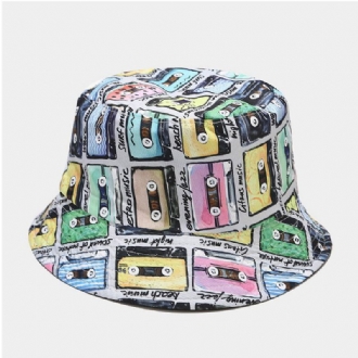 Kvinnor Bomull Tejp Tryckmönster Färgad Dubbelsidig Bär Trend Sunshade Bucket Hat