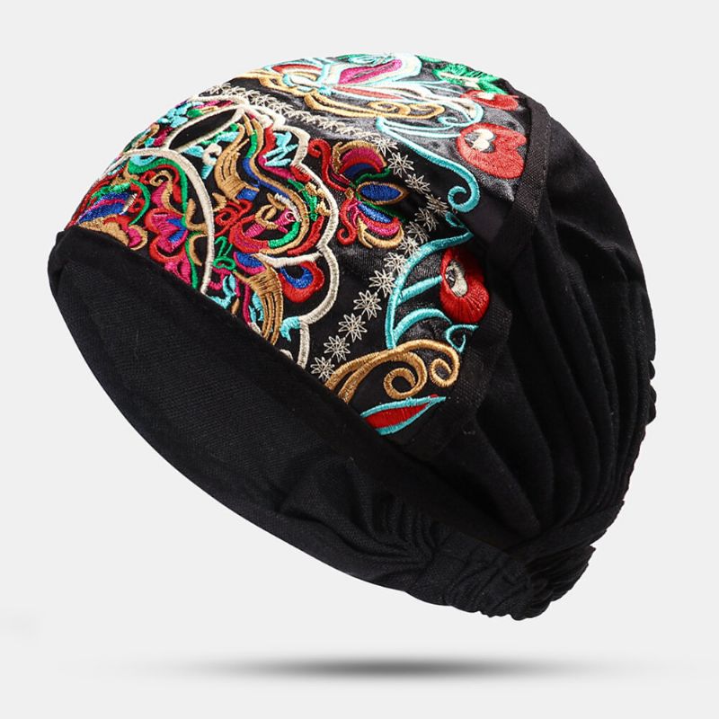 Kvinnor Canvas Etnisk Broderi Blomstertryck Vintage Beanie Hat Turban Kepsar