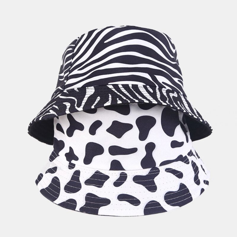 Kvinnor Dubbelsidig Slitage Zebra Cow Panda Mönstertryck Bucket Hat Mode Casual All-match Sunscreen Beach Hat