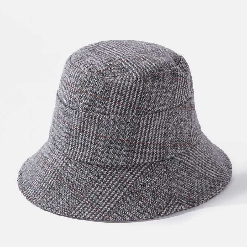 Kvinnor Filt Rutigt Mönster Höst-vinter Varm Liten Brätte Bucket Hat