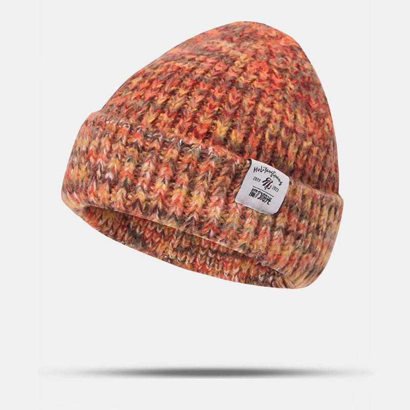 Kvinnor Grovstickad Blandad Färg Bokstavsetikett All-match Warm Beanie Hat