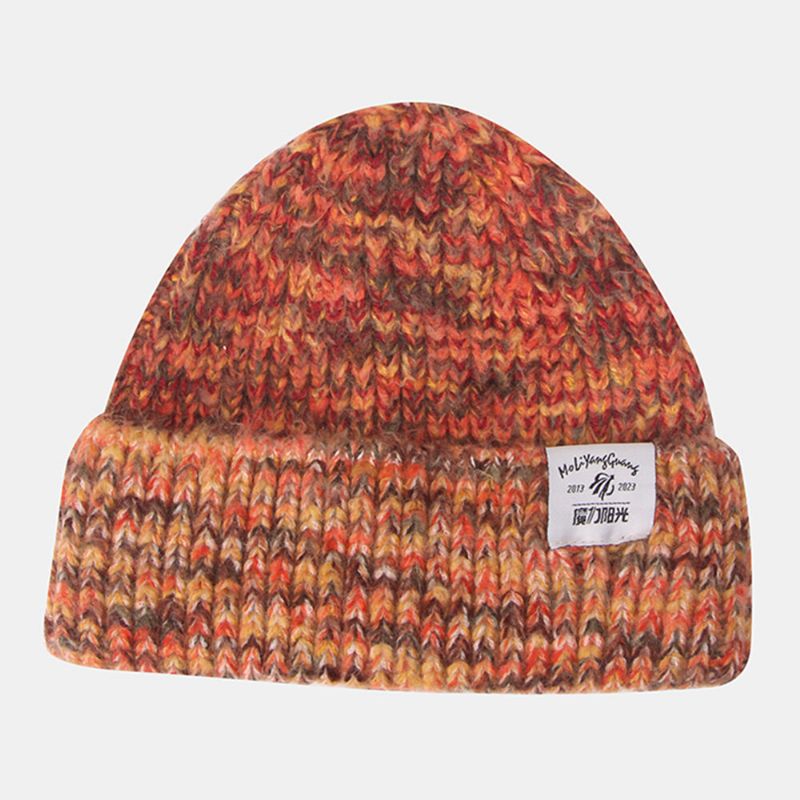 Kvinnor Grovstickad Blandad Färg Bokstavsetikett All-match Warm Beanie Hat