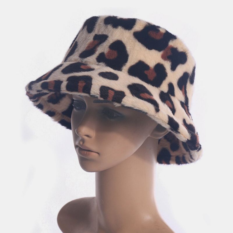 Kvinnor Kaninhår Leopardmönster Casual Varm All-match Bucket Hat