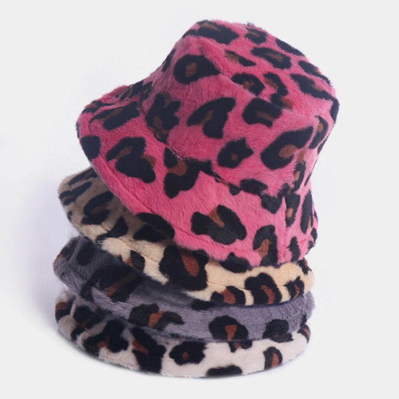 Kvinnor Kaninhår Leopardmönster Casual Varm All-match Bucket Hat