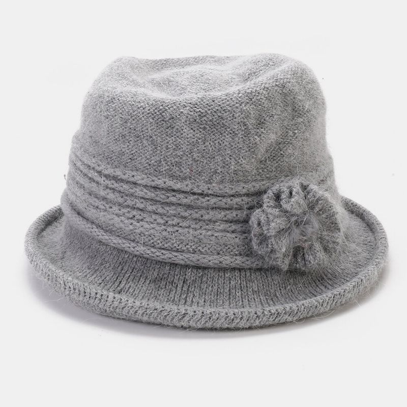 Kvinnor Kaninhår Plus Tjocka Varm Blomsterdekoration Mode Casual Stickad Mössa Bucket Hat