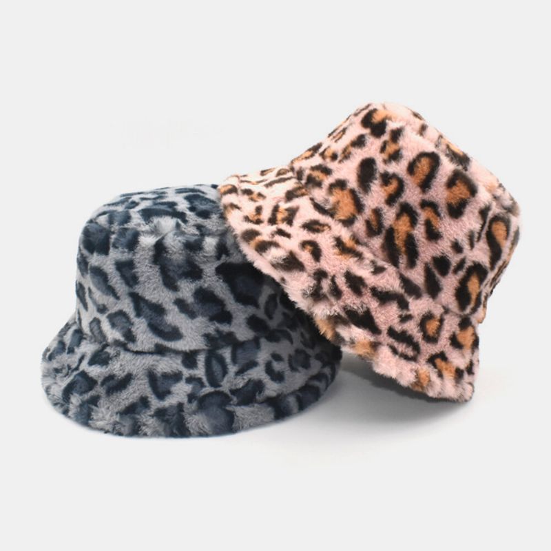 Kvinnor Lammhår Varmt Mjukt Leopardmönster Casual Personality Bucket Hat