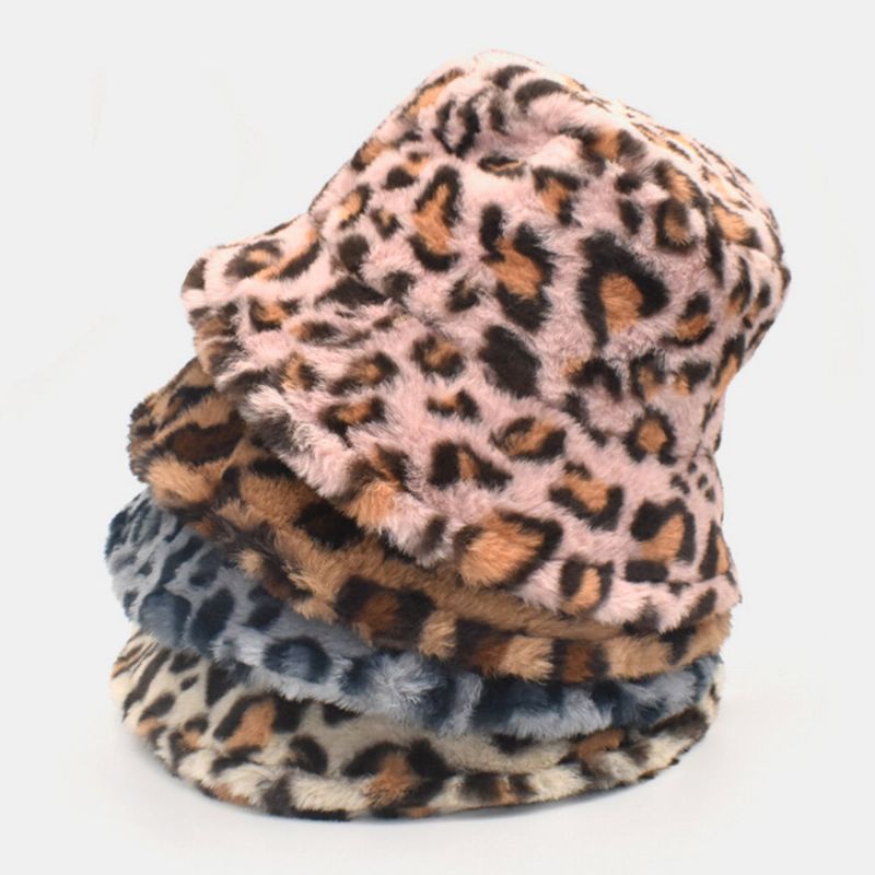 Kvinnor Lammhår Varmt Mjukt Leopardmönster Casual Personality Bucket Hat