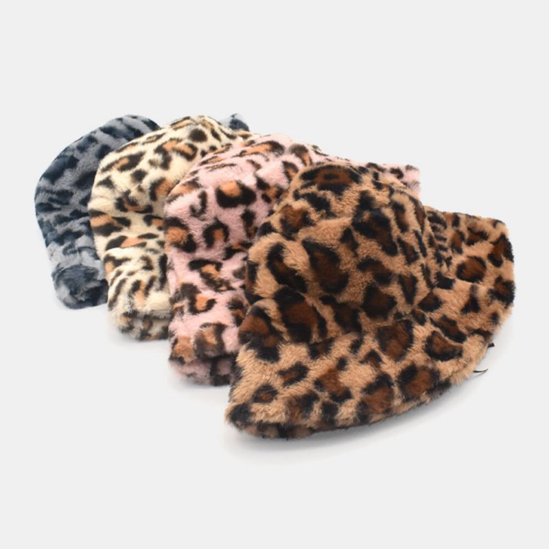 Kvinnor Lammhår Varmt Mjukt Leopardmönster Casual Personality Bucket Hat