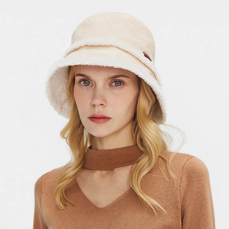 Kvinnor Mocka Lammhår Fritidsmode Elegant Hålla Varm Utomhus Bucket Hat