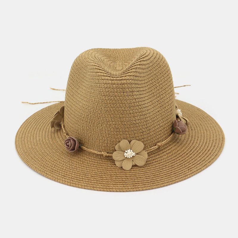 Kvinnor Solskydd Rese Strand Solhatt Blomsterdekoration Elegant Jazzhatt Halmhatt