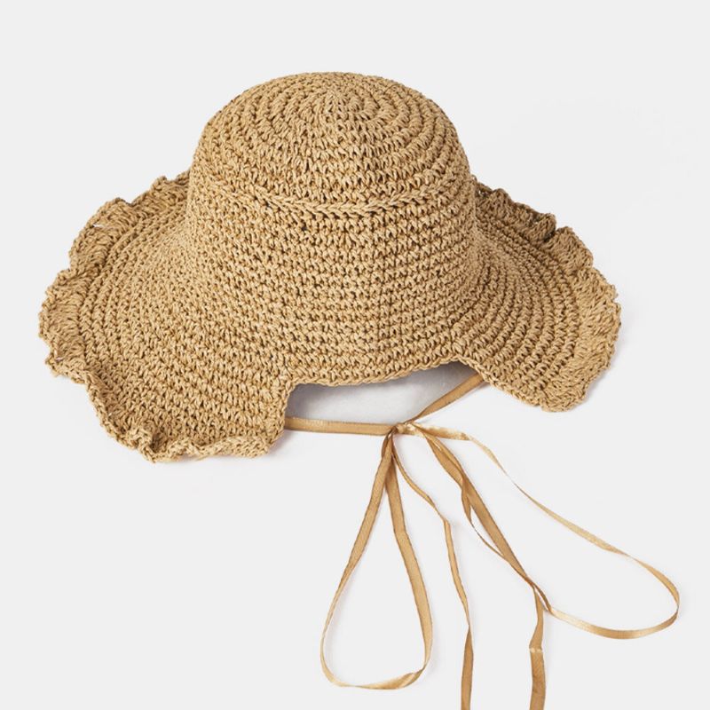 Kvinnor Svamp Kant Baksida Öppning Bowknot Stråhatt Sommar Solskydd Bucket Hat