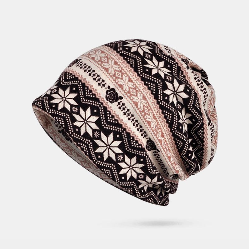 Kvinnor Vinter Bomull Snowflake Printing Beanie Cap