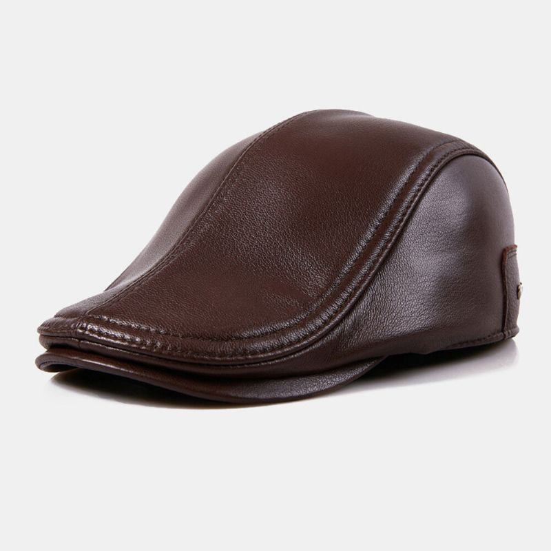 Män Äkta Läder Dolda Hörselskydd Hörselkåpor Design Basker Flat Cap Retro Vild Vindtätt Fårskinn Cabbie Driver Hat